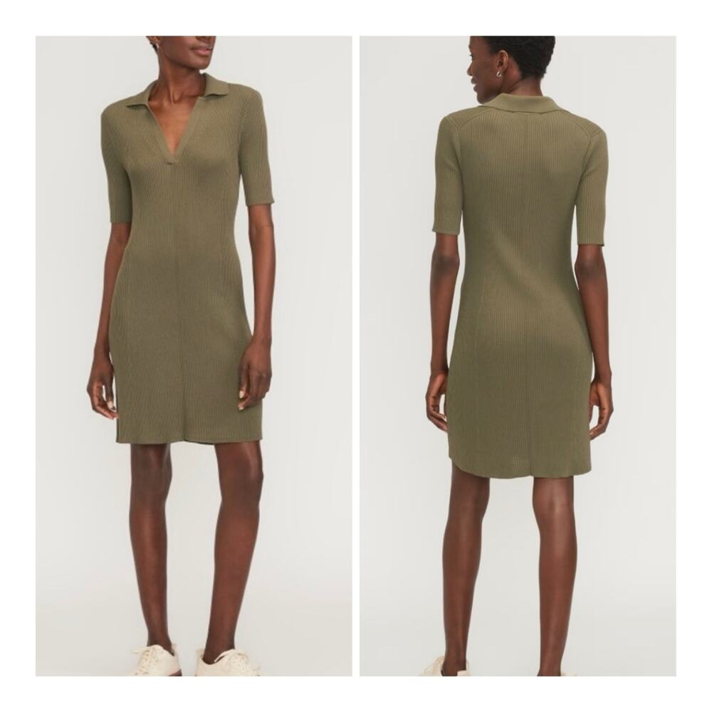 Everlane The Knit Polo Dress Collared Ribbed Short-Sleeve Midi Olive - Small